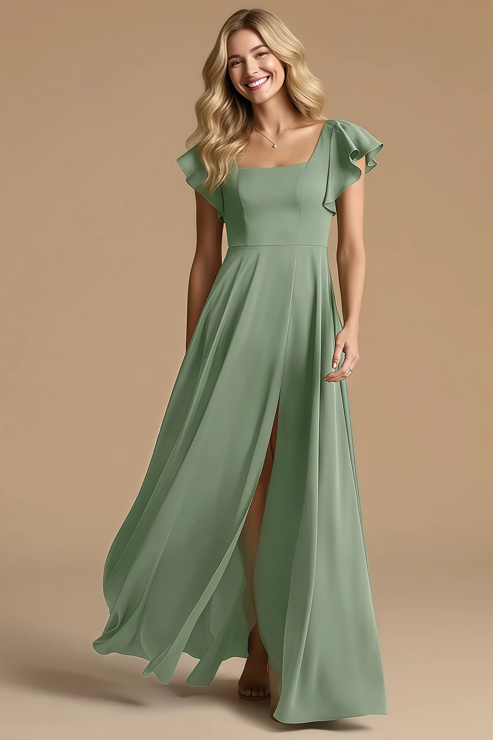 Akaks Powerful Matcha Bridesmaid Dresses Satin A-line Square Neck Floor Length Short Sleeve Bow Image817666 (5)