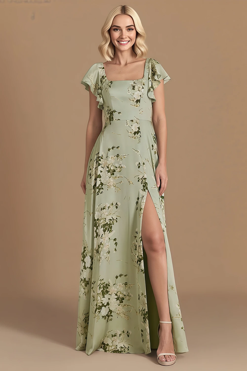 Akaks Powerful Sage Green Floral Bridesmaid Dresses Satin A-line Square Neck Floor Length Short Sleeve Bow Image256272 (4)
