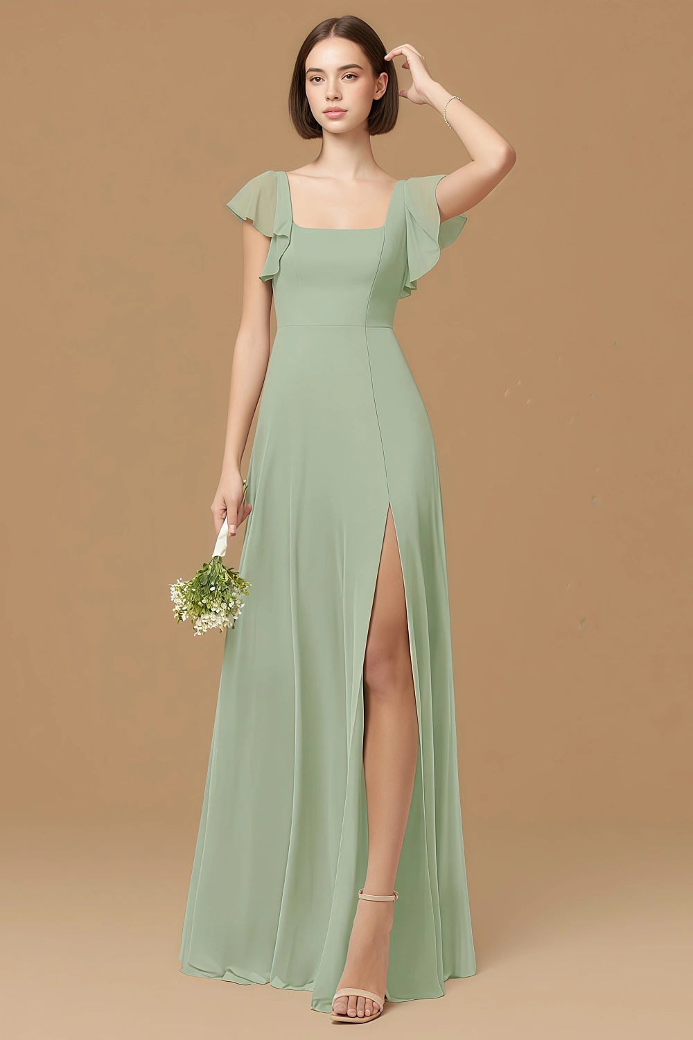 Exclusivity Sage Green Bridesmaid Dresses A Line Square Neck in Chiffon with Cap Sleeved Ruffled and Slits Image281270