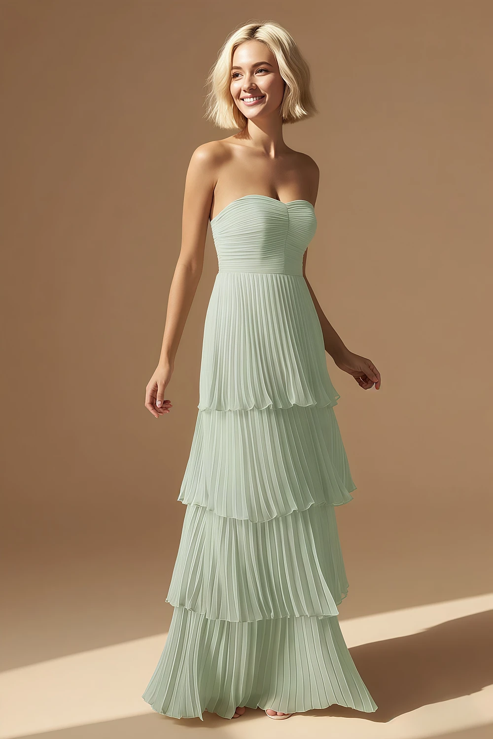 Akaks Veda Sage Green Dresses for Wedding Guest A-Line Strapless Sweetheart Neckline Floor Length Chiffon Dress with Tiered Ruffle Image978096