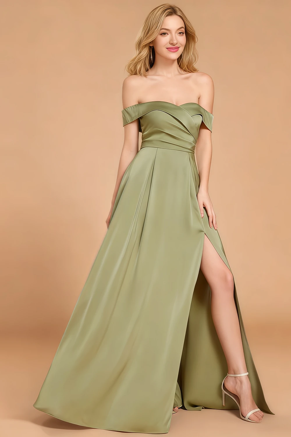 Akaks Arrogant A Line Off The Shoulder Satin Dusty Sage Bridesmaid Dresses With Slit Image774020