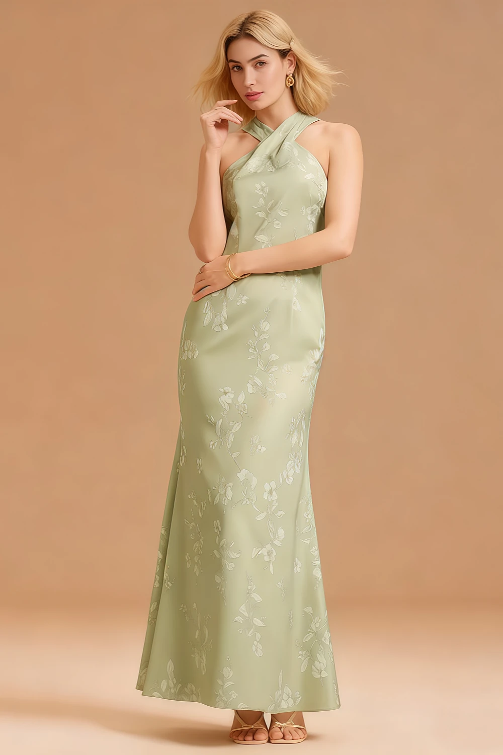 Akaks Authority Satin Halter Floor Length Green Floral Bridesmaid Dress With Back Bow Image102369