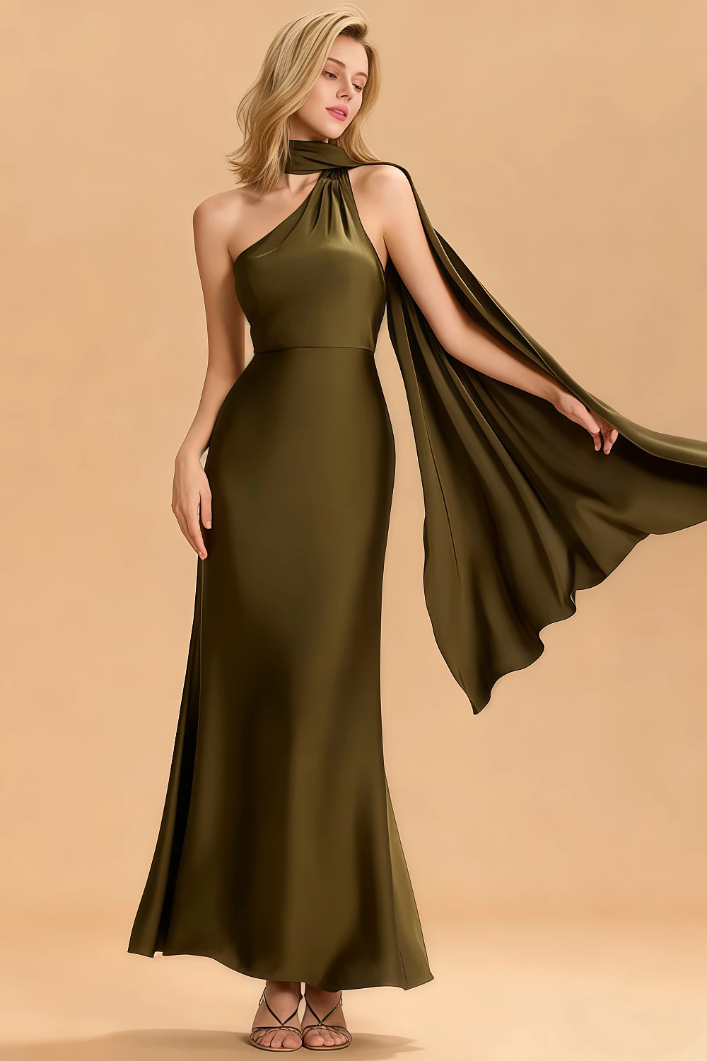 Akaks Awesome Flowing Ribbons Satin Sheath Olive Bridesmaid Dress Image825276