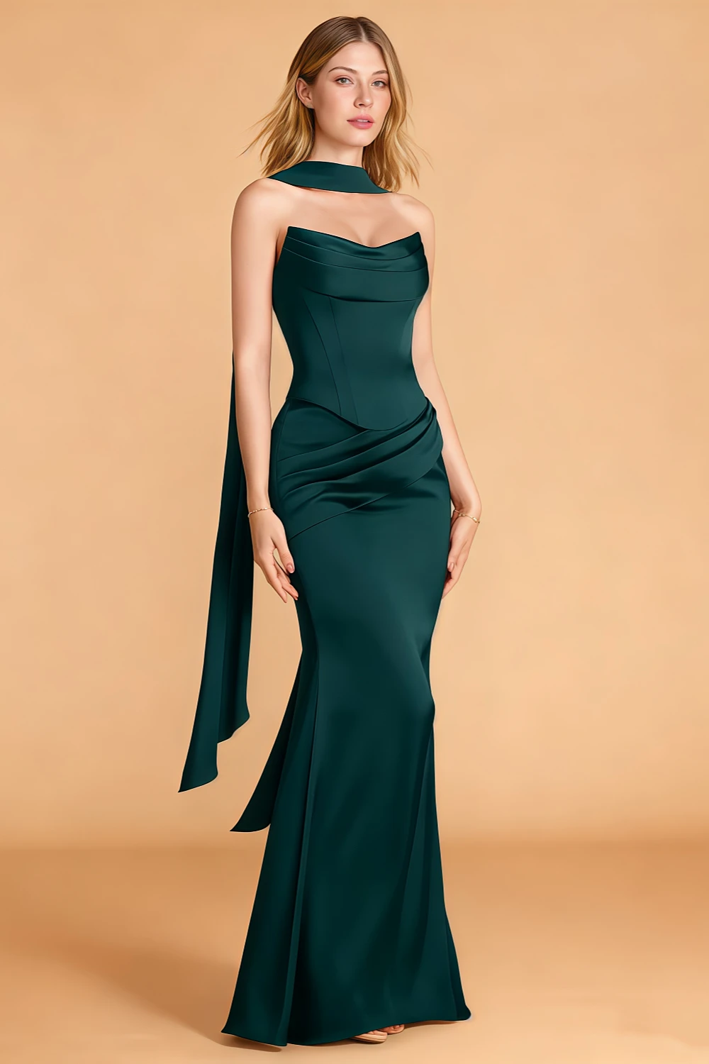Akaks Clara Convertible Mermaid Pleated Satin Pine Green Bridesmaid Dress With Corset Top Image498056
