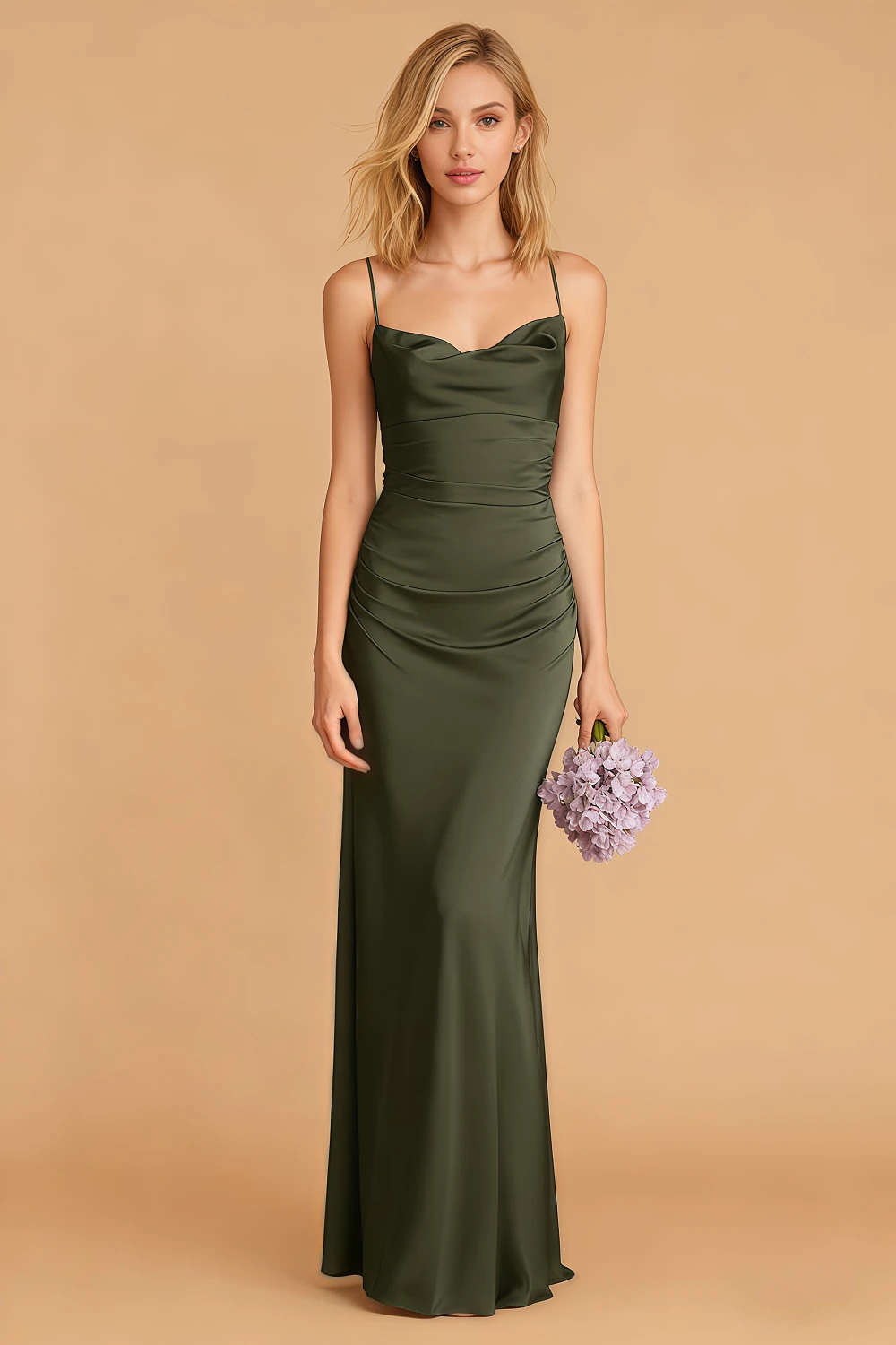 Akaks Zara Cowl Neck Mermaid Satin Bridesmaid Dresses Olive Green With Slits Image753851